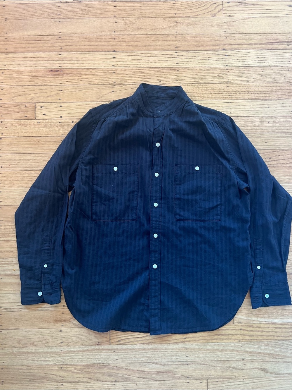 Buck Mason Black Charcoal Draped Twill Officer Shirt Band Collar Men’s Medium